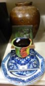 A large studio pottery vase, a stoneware tile, a Victorian blue and white Wedgwood tile,