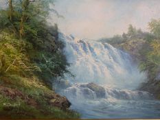 R Ronford: Oil on canvas of a waterfall, another oil on canvas of two dogs chasing a rabbit,