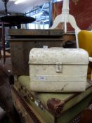 Two metal deed boxes including a white domed example together with a quantity of demijohns