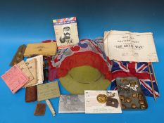 A quantity of militaria to include Royal Warwickshire and Lancashire Fusiliers badges, buttons,