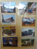 Three framed postcard groups of transport-related items including locomotives and cars,