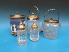 Wedgwood and glass biscuit barrels with plated mounts and two sifters
