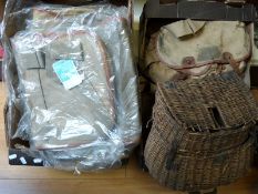 Two boxes of canvas fishing bags (many new,