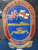 A framed Submariner's World Friendship League British Section Founder gold thread embroidery