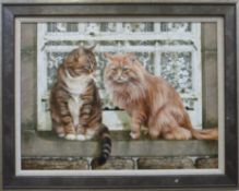David C Lyons: Oil on board of two cats (60 x 80cm)