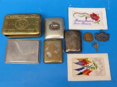 A WW1 Christmas tin, two silk postcards,