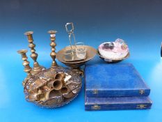A collection of silver plate and brass items