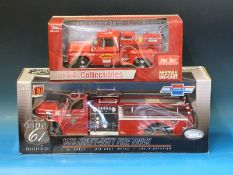 Two diecast model fire engines, Sun Star 1:18 scale 1965 Chevrolet C-20 fire truck,