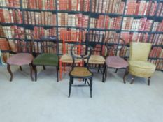 Six various dining chairs to include a pair of mahogany balloon backed chairs and a mother of pearl