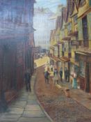 A E Gill: Oil on canvas looking down the Pithay, Bristol,