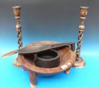 A quantity of ethnic and tribal items to include bowls, hollow twist printed candlesticks,