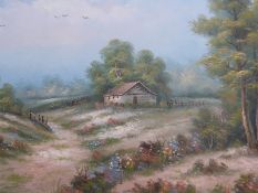 An oil on canvas of a cottage in rural landscape (60cm x 90cm) indistinctly signed,