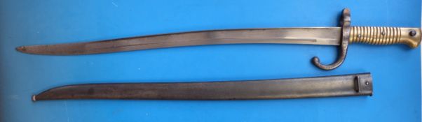 A French bayonet dated 1873 and stamped P86953 with scabbard stamped P84771