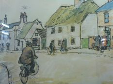 After Geoffrey Bargery print of a street scene with man on bike (42 x 61cm)