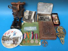 A quantity of ephemera and collectables to include WW2 medals, photograph album, novelty stoppers,