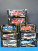 Eight Burago 1:8 scale diecast model vehicles (all in original boxes)