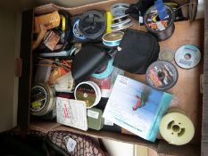 A box of fishing /trout flies in multiple containers, lures,