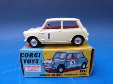 Corgi diecast model Morris Mini-Cooper competition model, primrose yellow and white livery,