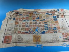 A 19thC silk depicting 18thC naval ships and flags including England, France, Russia,