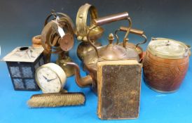 A box containing copper kettles, servant's bells,