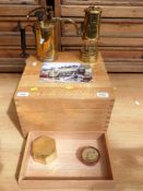 A dove-tailed oak workbox, miner's lamp,
