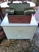 A pine chest of two drawers together with a small box,