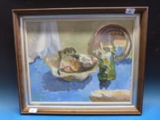 Meredith Ramsbotham: A still life oil of basket with bread, vase and plate,