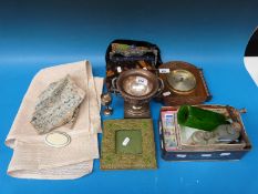 A silver plated replica of the Warwick vase, with ephemera / provenance, a small wall barometer,