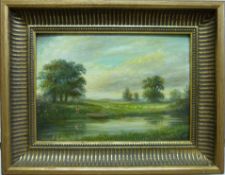 A pair of Oriental floral watercolours on silk together with an oil on canvas of a doll like girl