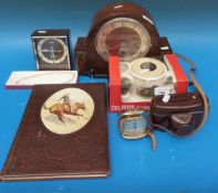 An oak cased three train mantel clock, retro alarm clock, camera,