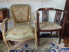 A burr walnut and boxwood inlaid mahogany chair raised on tapering legs together with a French
