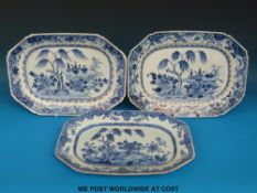 Three 19thC octagonal Chinese blue and white platters (all approximately 31 x 24cm)