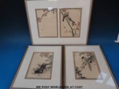 A set of four framed Japanese woodblock prints of birds,