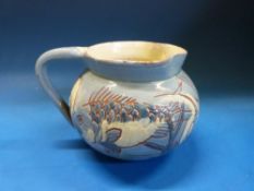 A Branham Pottery squat jug decorated with fish and dated 1893 (9cm tall)