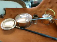 A collection of copper ware to include large pan, bed warmer,