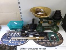 Two railway wagon plates together with a set of kitchen scales, iron,