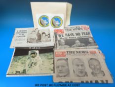 Two Apollo II landing 1969 commemorative coins together with certificate and cloth badges,