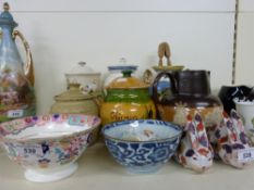 Various china items to include earthenware jars, a polychrome bowl and a blue and white bowl,