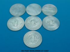 Seven Chinese mother-of-pearl counters decorated with various figural and other scenes