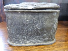 A lead tobacco jar with impressed battles to the sides and lid including Balaklava, Inkerman,
