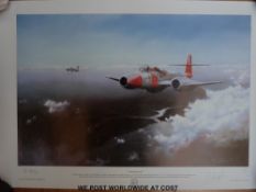 A Roy Lazett signed limited edition print (81/750) of a Gloster Meteor 