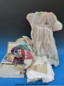 A collection of linen, lace and textiles including a patchwork skirt, Edwardian,