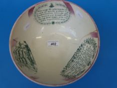 A early 19thC Sunderland pink lustre ware fruit bowl with monocrome verse and pictures of ships and