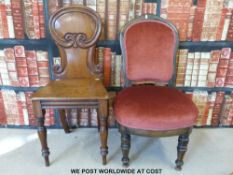 A 19thC mahogany hall chair together with an upholstered nursing chair