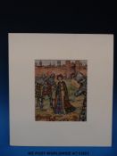 Original ink & watercolour of a medieval  queen in  decorative gown & cloak,