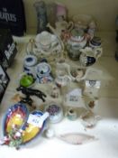 A collection of small ceramic items to include crested ware, Wedgwood, Royal Worcester majolica,