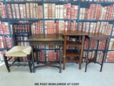 An oak fold over games table with single drawer together with a rush seated chair and two
