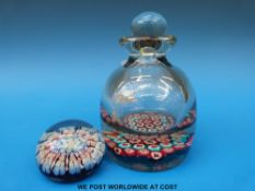 A Perthshire millefiori paperweight together with a millefiori scent bottle