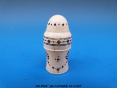 A 19thC carved ivory screw top Napoleonic prisoner of war scent bottle holder with glass scent