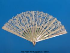 A 19thC mother-of-pearl bone and fine lace fan in hinged Duvelleroy box,